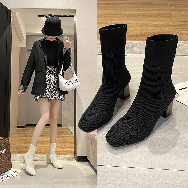 

Simple fashion stretch socks boots women's high heels shoes knit socks boots skinny women pointed autumn and winter bare boots