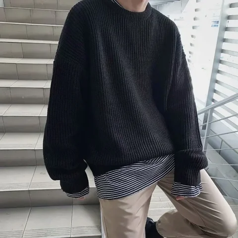 Свитер мужской однотонный шерстяной, приталенный силуэт, уличная одежда, вязаный свитер, корейский стиль, на осень