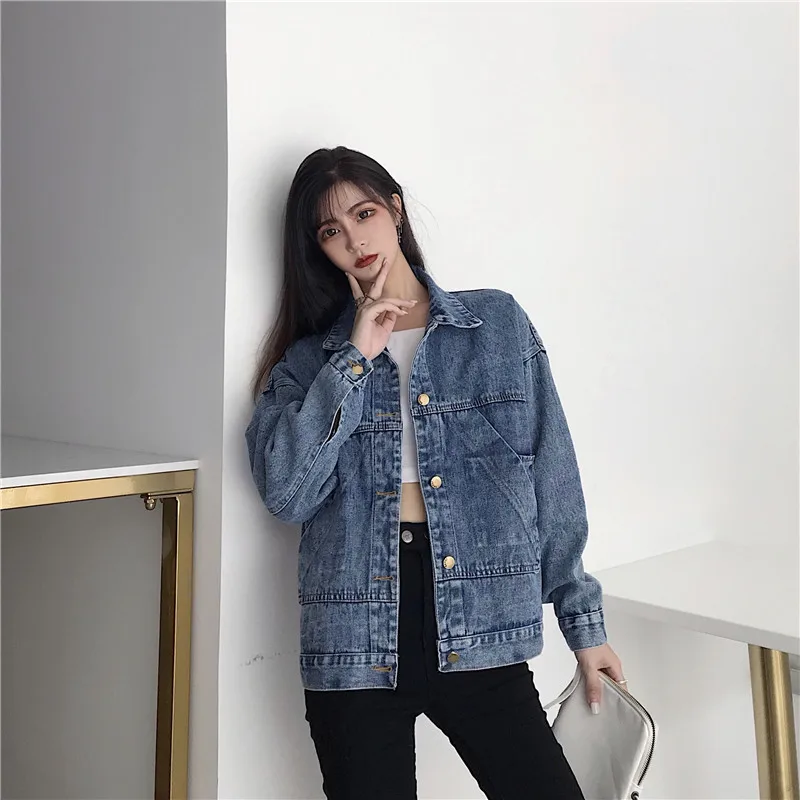 Autumn Winter New Women Denim Jacket Fashion Design Large Pockets Single Breasted Casual Loose High Street Retro Lapel Coats
