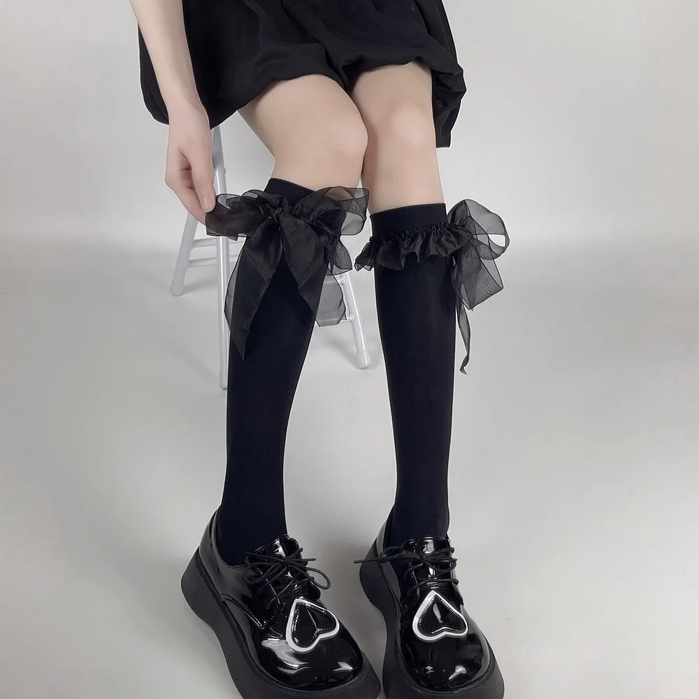 

Lolita Girl Ruffle Long Socks Stockings Solid Color Black White Knee High Socks JK Japanese Style Lace Bow Cute Thigh High Socks