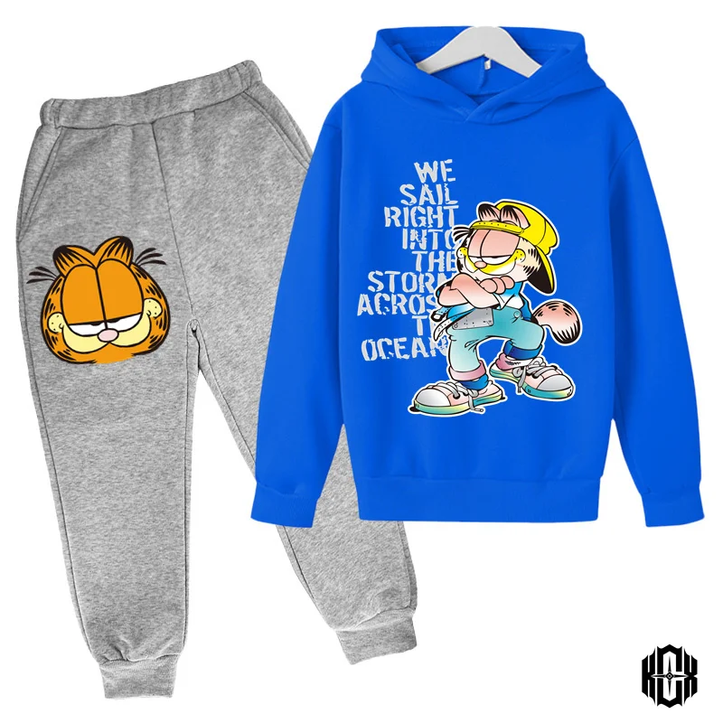 Children Garfield Hoodies Clothes Anime Spring Autumn Boys Girls Hoodies Set Kids Funny Harajuku Fashion Pullover Tops+Pant Suit