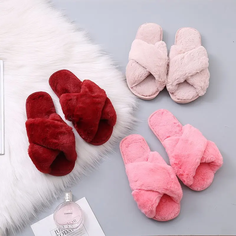 Warm fluffy slippers women's plush slippers comfortable faux fur cross indoor floor slippers flat soft fur shoes ladies women