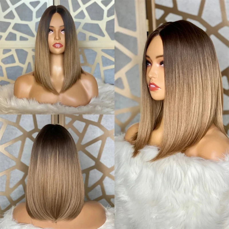 Длиной до плеч коричневый парик Боб с эффектом омбре темно-коричневые корни