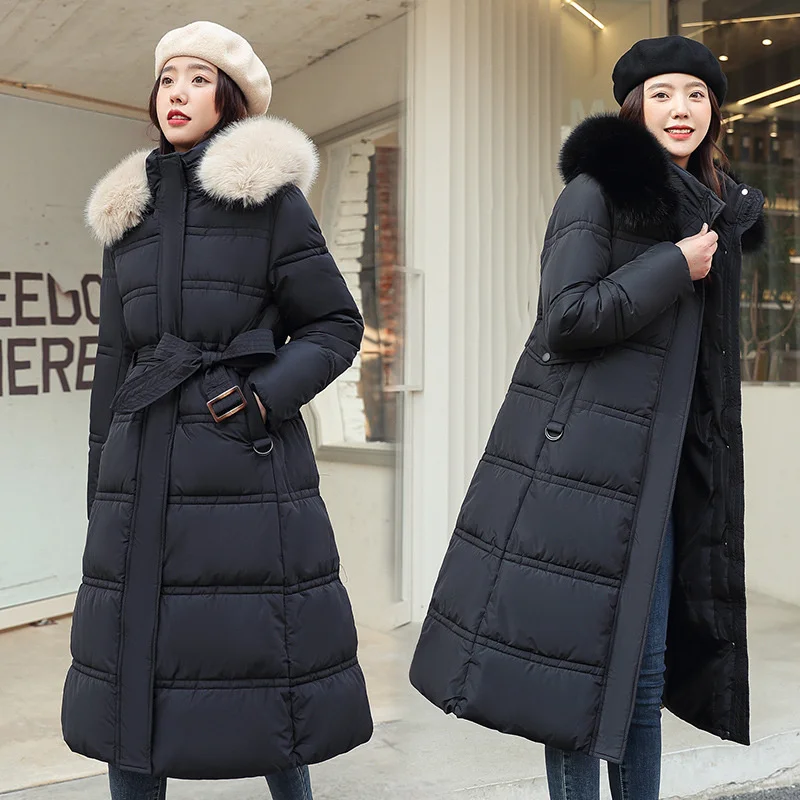 2022 New Long Winter Jacket Parka For Women's Hooded Fur Warm Thicken X-long Female Solid Coat Windproof Cotton Clothing