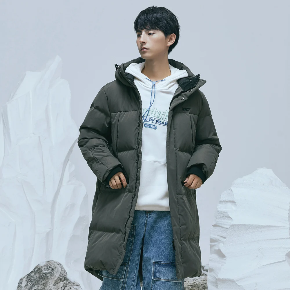 Metersbonwe Polar Series Men Thick Winter Warm Down Jacket 80% Gray Duck Down Hooded  Medium Length Waterproof  Down Coat