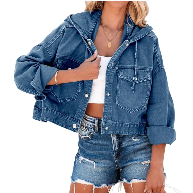 

2023 Autumn Winter Women's Clothing Fashion Hooded Drawstring Jacket Top Pocket Loose Denim Jacket