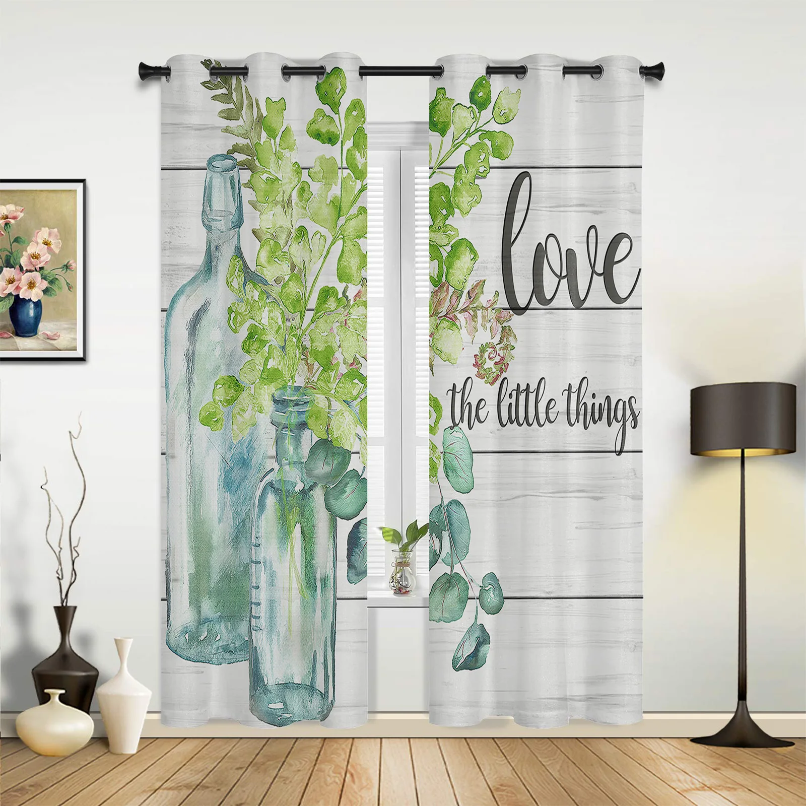 

Занавески на окна с текстурой древесины акварелью растениями в бутылках, занавески для гостиной и кухни, Современный домашний декор, занаве...