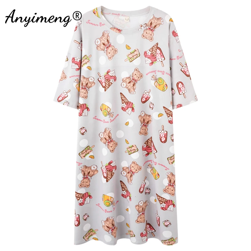 

New Summer Fashion Loose Nightgown Soft Modal Half Sleeve Women's Nightdress Teddy Bear Printing Lingerie Homedress for Girls