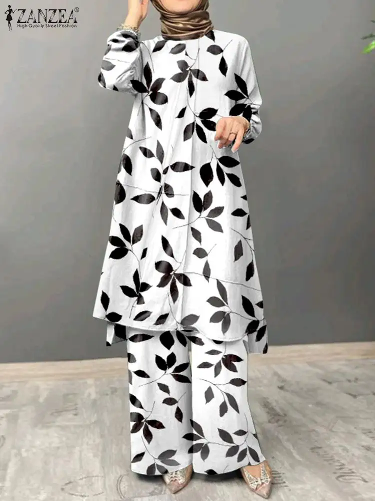 

ZANZEA Muslim Autumn Turkish Blouse Wide Leg Pants Suit Vintage Printed Sets Abayas For Women Matching Sets Kaftan Tracksuit