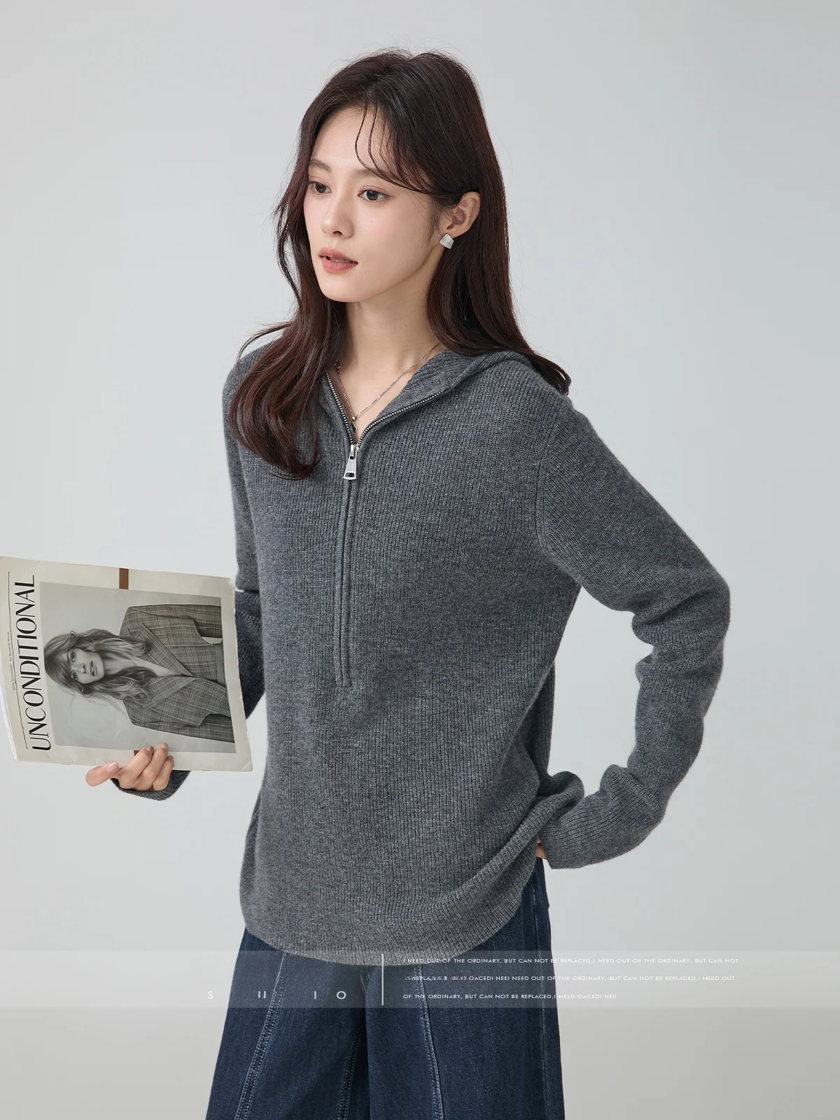 Momade Idle Sle полумолния с капюшоном вязаный женский пуловер на осень и зиму 2024 новый