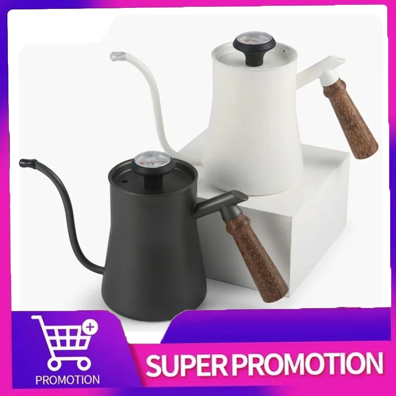 

Coffee Pot With Thermometer 550ML Wooden Handle Swan Long Neck StainlessSteel Thin Necked Goose Neck Coffee Pot