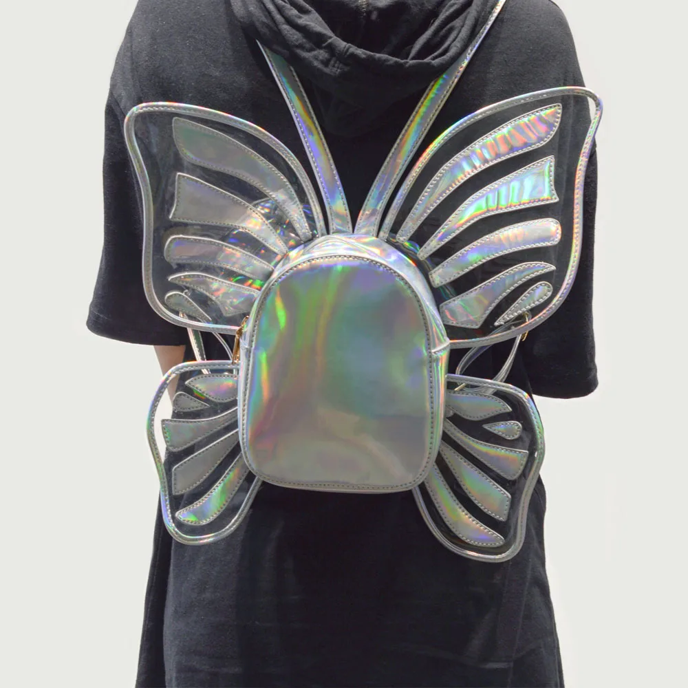 Модный женский лазерный голографический кожаный мини-рюкзак с крыльями бабочки