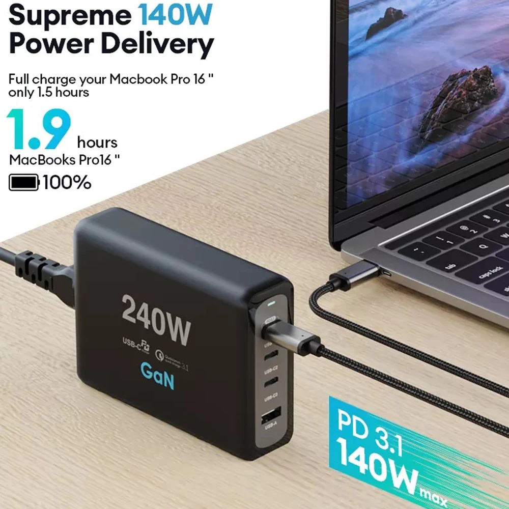 240W GaN 2 Pro Charger USB-C Power Adapter 4-port PD 140W 100W PPS 65W QC for MacBook Pro iPad iPhone 14 13 Galaxy Xiaomi HUAWEI