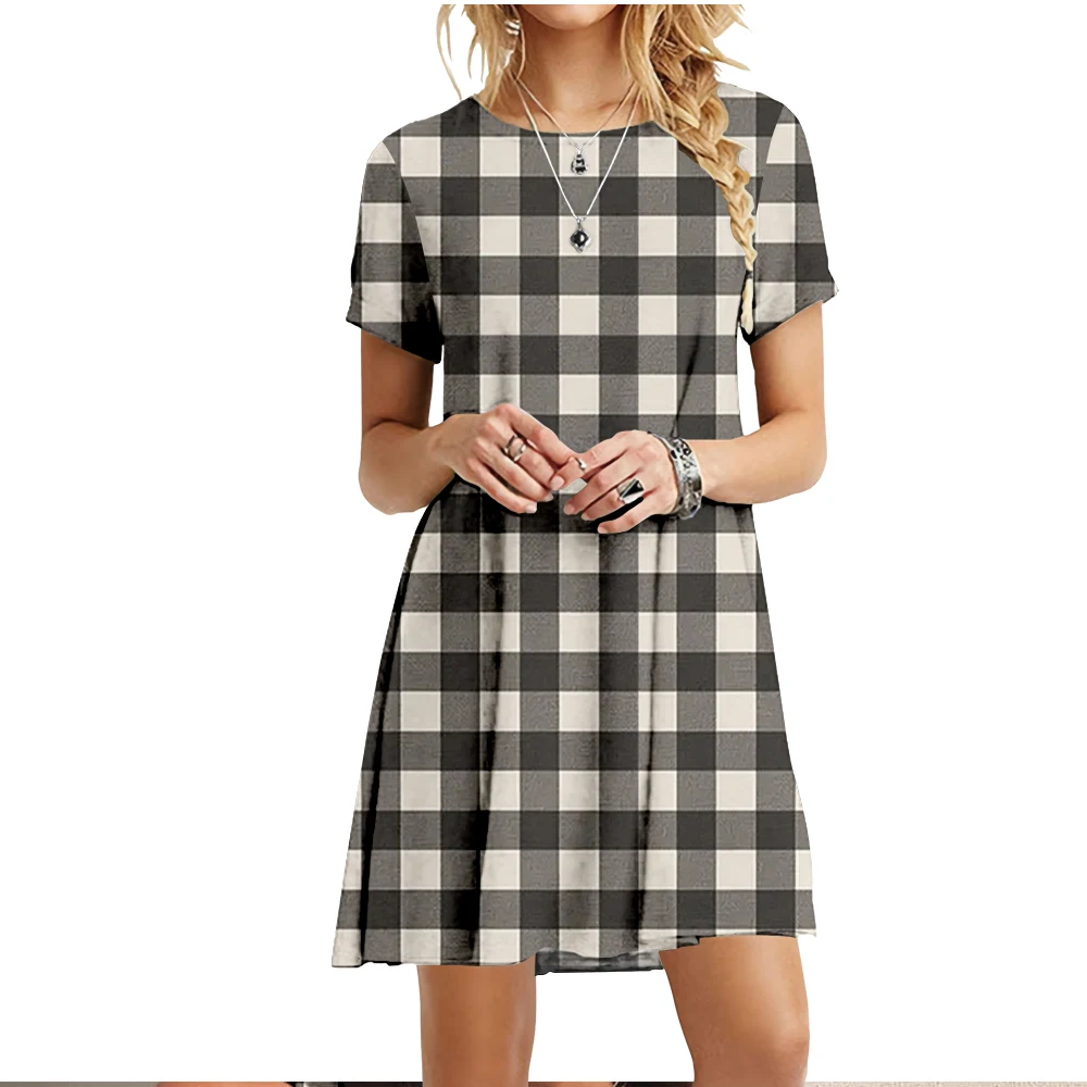 

Women Dresses New Elegant O-neck Plaid Printing Dress Casual Loose Short Sleeve Party Women Clothing Oversize