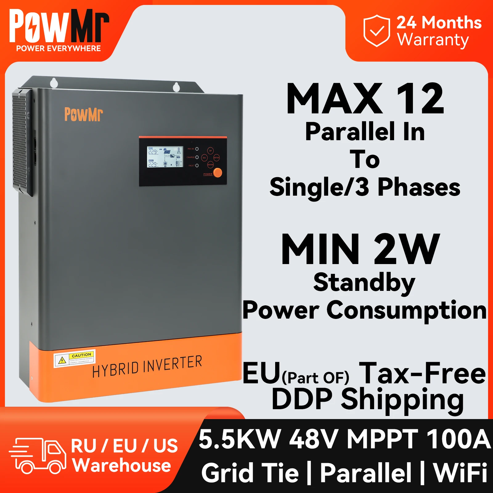 

PowMr 5.5KW 48V 100A MPPT Hybrid Solar Inverter with WiFi On Grid Off Grid Solar Inverter Max 12 Parallel In Single/Split Phase