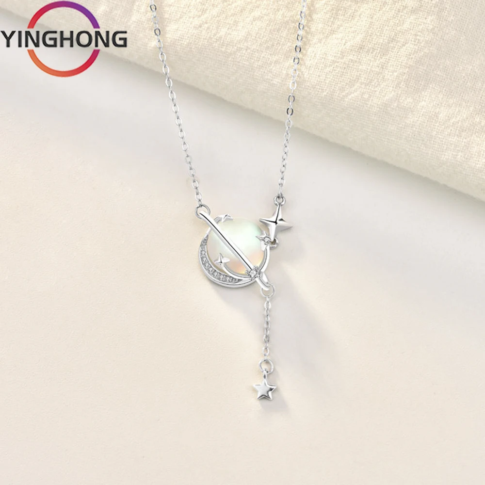 

Quexiang S925 Sterling Silver Moonlight Stone Planet Necklace for Women Y2K Jewelry Charm Fashion Diy Luxury Exquisite Gift