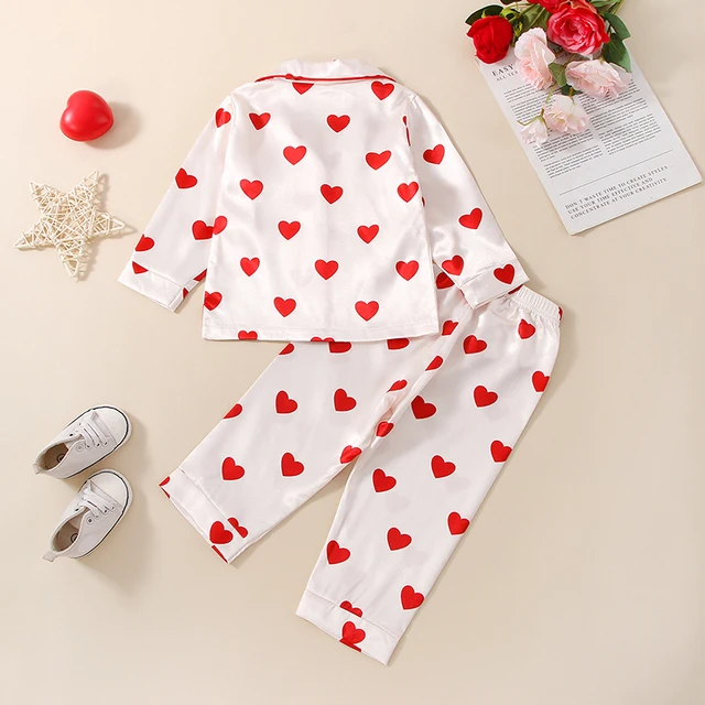 1-6Y Kids Girls Pajamas Set Baby Heart Print Sleepwear Long Sleeve Lapel Buttons Tops Pants Children Homewear Nightwear 3