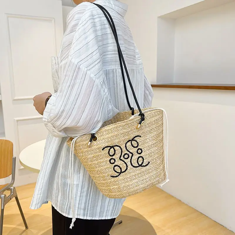 

Summer Straw Bags For Women Weaving Drawstring Beach Bag Bucket Handbags Embroidery Ethnic Pattern Top Handle Small Tote