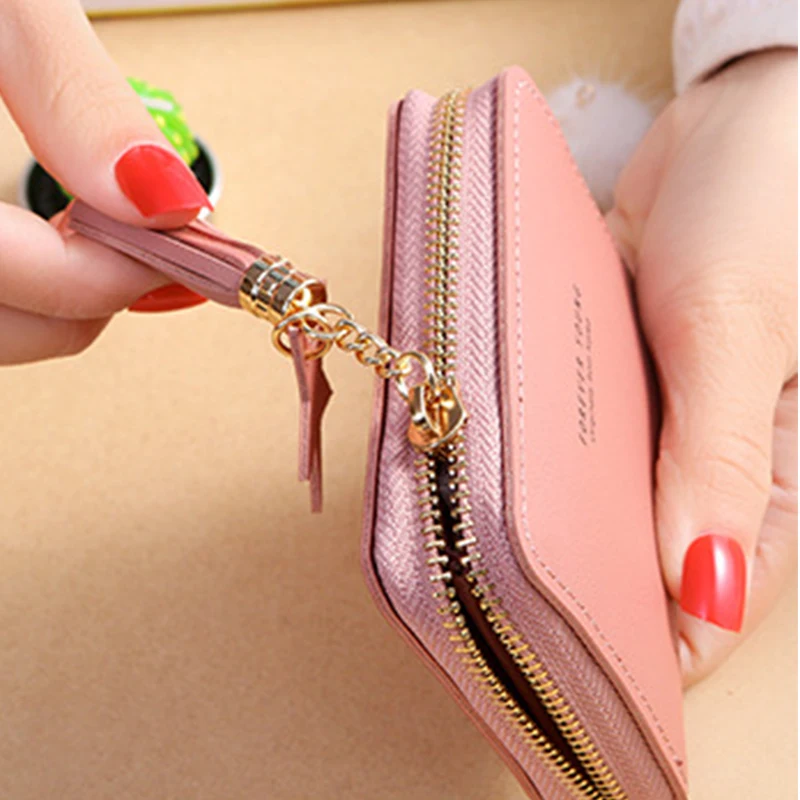 Women Short Wallet Simple Square Wallet Zipper PU Leather Wallet Tassel Mini Coin Purse Female Credit Bank Card Holder cartera