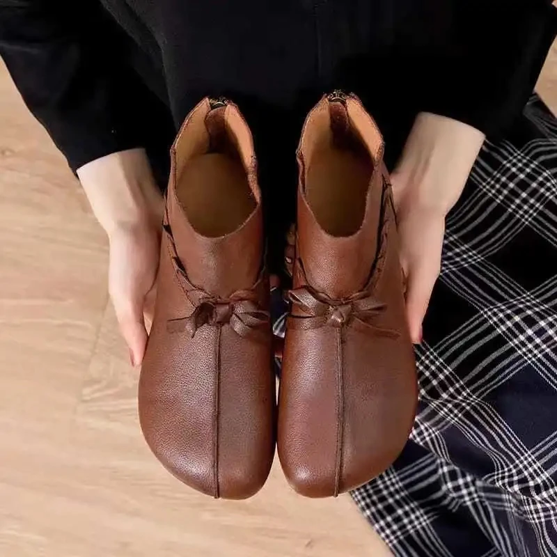 Winter Flat Women Shoes Leather Boots Woman 2023 Wedge Booties  Butterfly Retro Shoes Ladies Zipper Solid Color Warm Ankle Boots