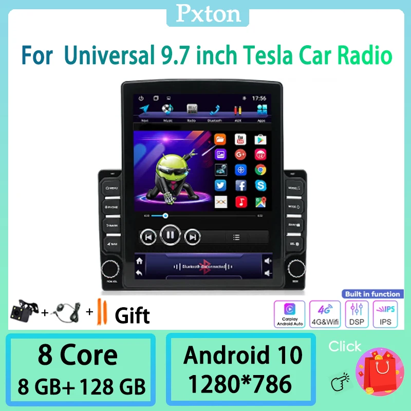 

Pxton Android Tesla Style Vertical Car Radio Stereo Multimedia Player For Universal Radio 9.7 inch 4G WIFI Carplay Auto 8+128