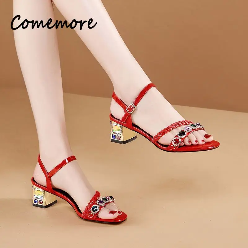 

Comemore Women's New Summer Medium Heel Thick Heel Buckle Fashion All-match Shoes Open Toe Red Sandals 2023 Rhinestone Sandal 41