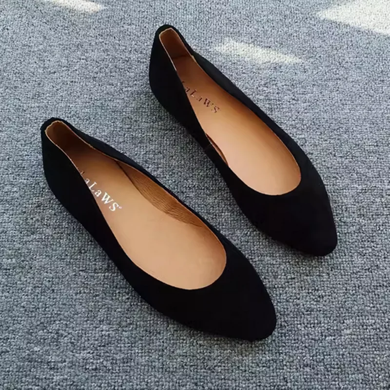 Балетки женские из нубука и флока туфли на плоской подошве с острым носком в