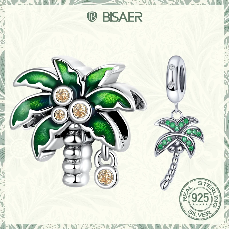

BISAER 925 Sterling Silver Charm Summer Coconut Tree Round Zircons Pendant Bead For Women DIY Bracelets Fine Jewelry EFC601