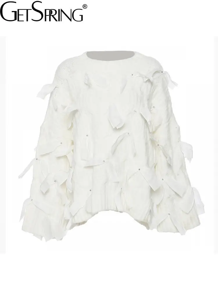 

GetSpring Women Sweater Long Sleeve O Neck Bow Stitched Knitted Sweater All Match Pullovers Loose Female Tops Autumn Winter 2022