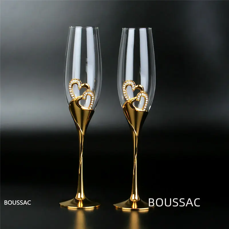 

2Pcs/Set Wedding Crystal Champagne Glasses Gold Metal Stand Flutes Wine Glass Cup Party Lovers Valentine's Day Gifts 200ml