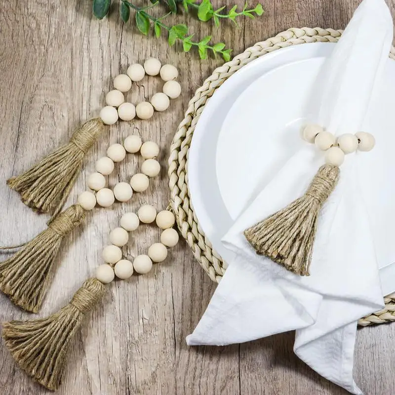 

Natural Wood Beads Table Art Napkin Rings Setting with Jute Tassels Designed Serving Dinner Cloth Holders Wedding Party Kitchen