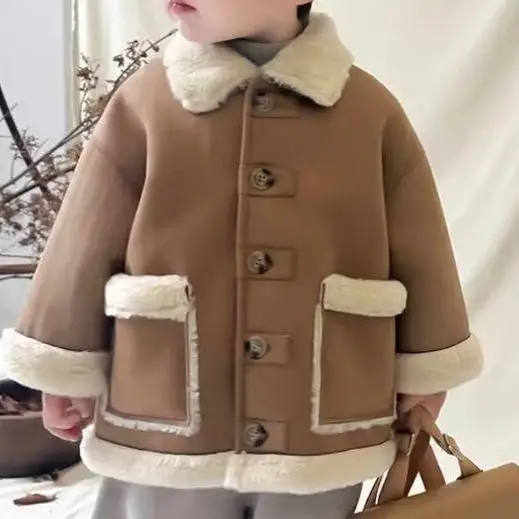 Пальто для мальчиков и девочек ветровка теплая утолщенная куртка с плюшевым