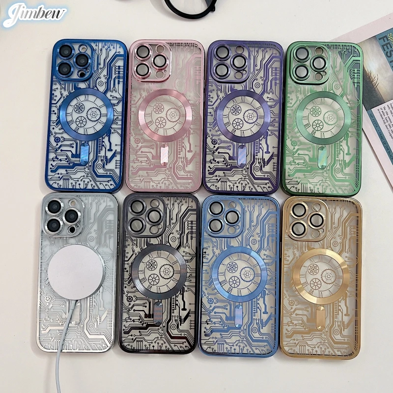 

New Circuit Pattern Magsafe Case for iPhone 15 Pro Max 11 12 13 14 Pro Max Plus Luxury Plating Lens Protector Soft Silicon Cover