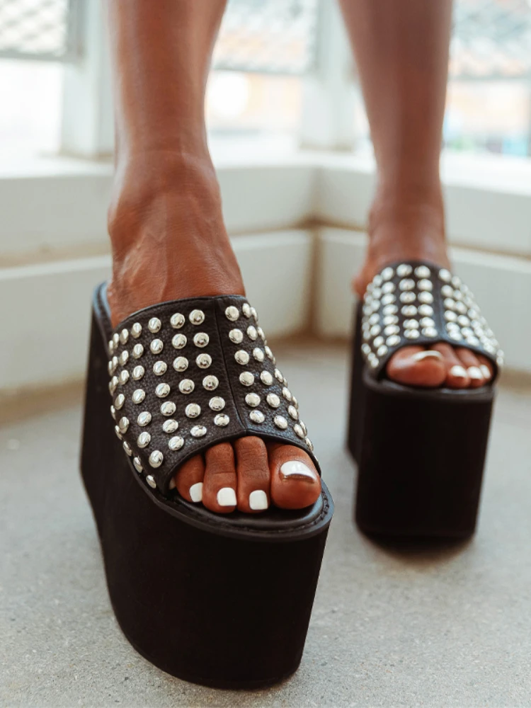 

Studded Women's Platform Sandals High Heels Wedge Open Toe Slip on Backless Mules Summer Slippers Shoes Big Size