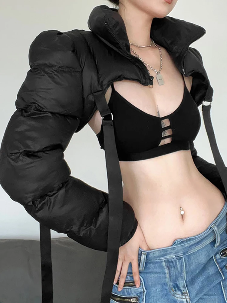Goth Dark Cyber Y2k Winter Turtleneck Women Cropped Coats Punk Zip Up Buckle Patchwork Black Warm Jackets Fashion Streetwear Top