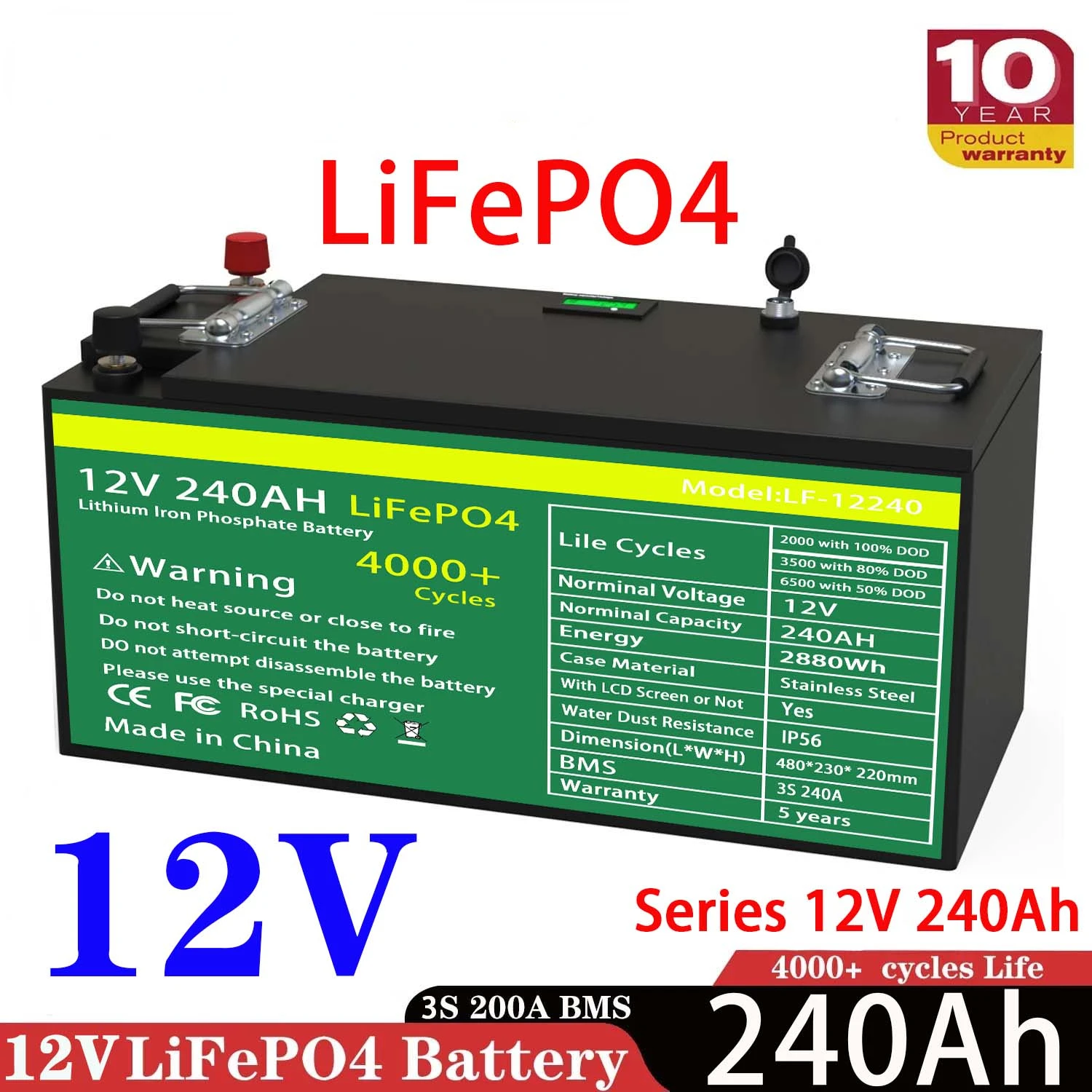 

2022 новый класс A LiFePO4 аккумулятор 12 в 240 Ач встроенный 3S240A BMS 48 В литий-железо-фосфат IPX5 Солнечная аккумуляторная батарея