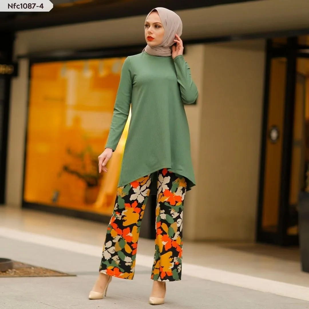 Vintage Muslim Soft Ribbed Knit Solid Long Sleeves Tops and Printed Pants 2 Piece Sets Islamic Casual Elegant Women Autumn Suit