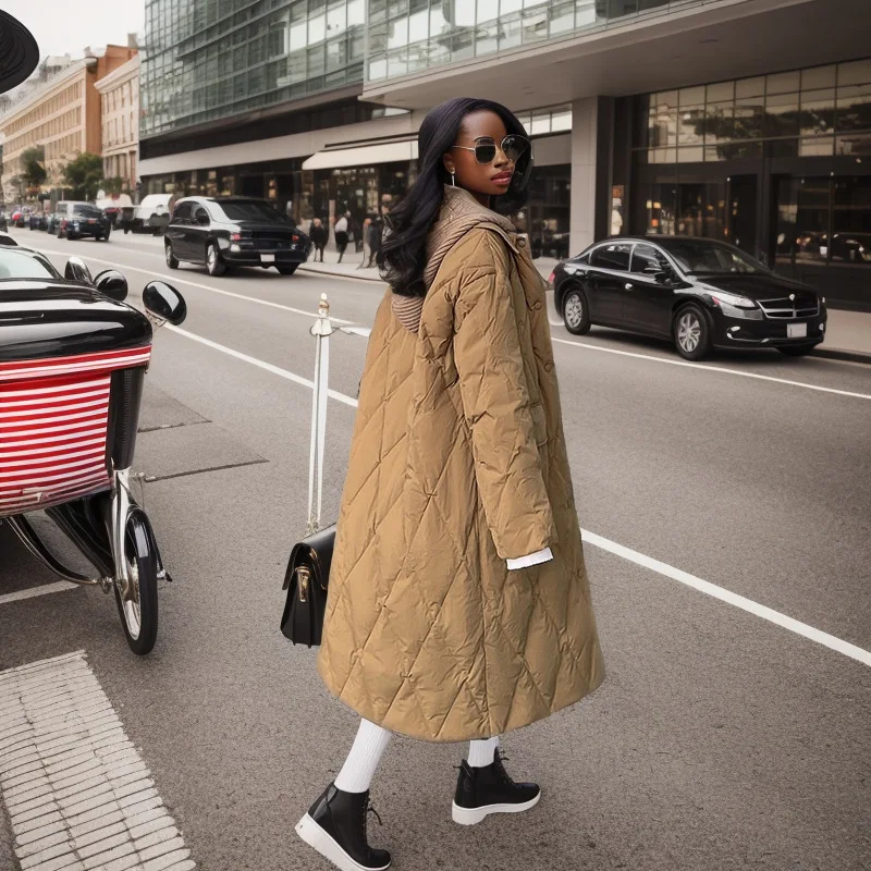 

Новинка Зима 2023, свободная куртка средней длины с ромбовидным узором, с капюшоном и хлопковой подкладкой