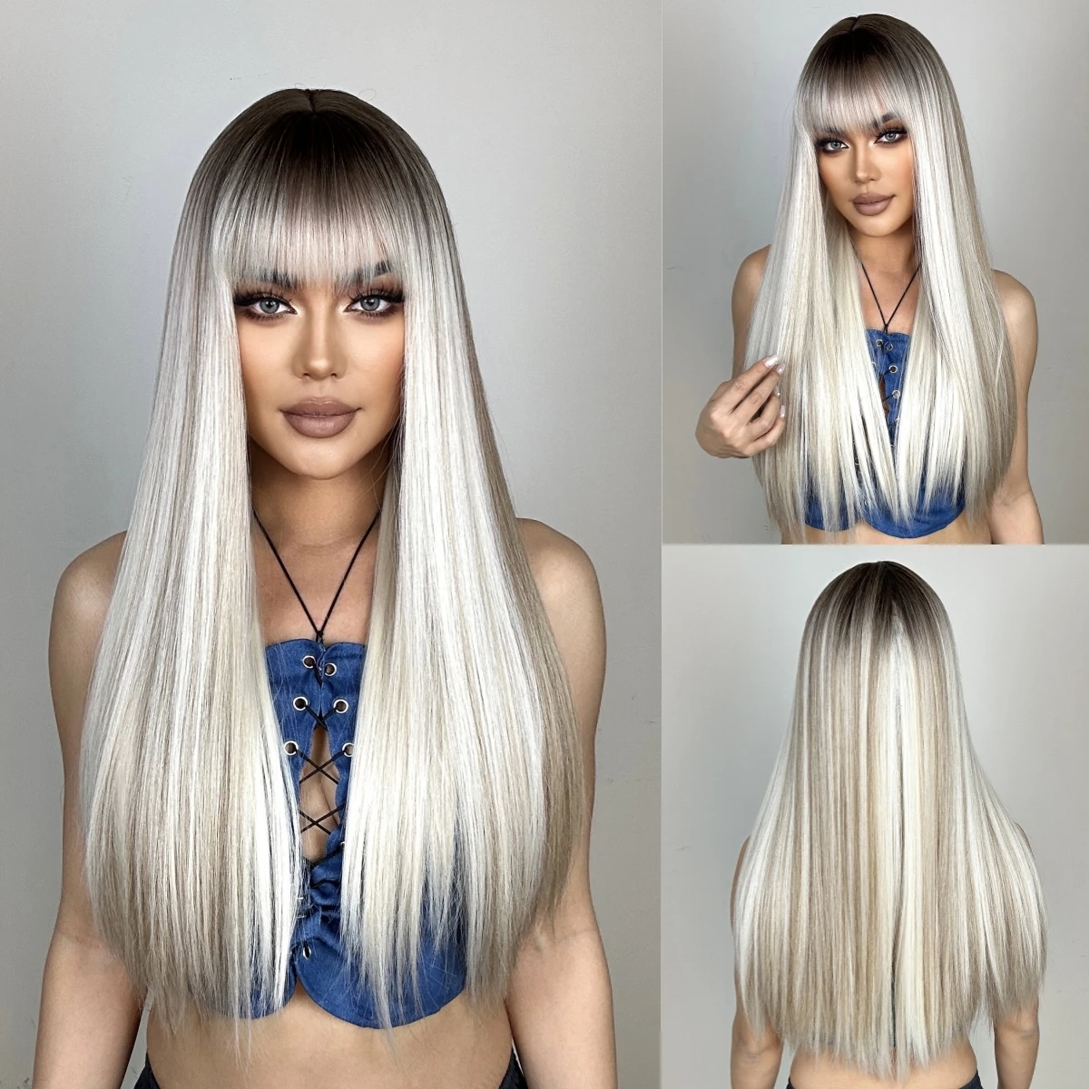 

HAIRCUBE Long Brown Platinum Straight Highlight Hair for Black Women Natural Synthetic Wigs with Bangs Daily Cosplay Hair