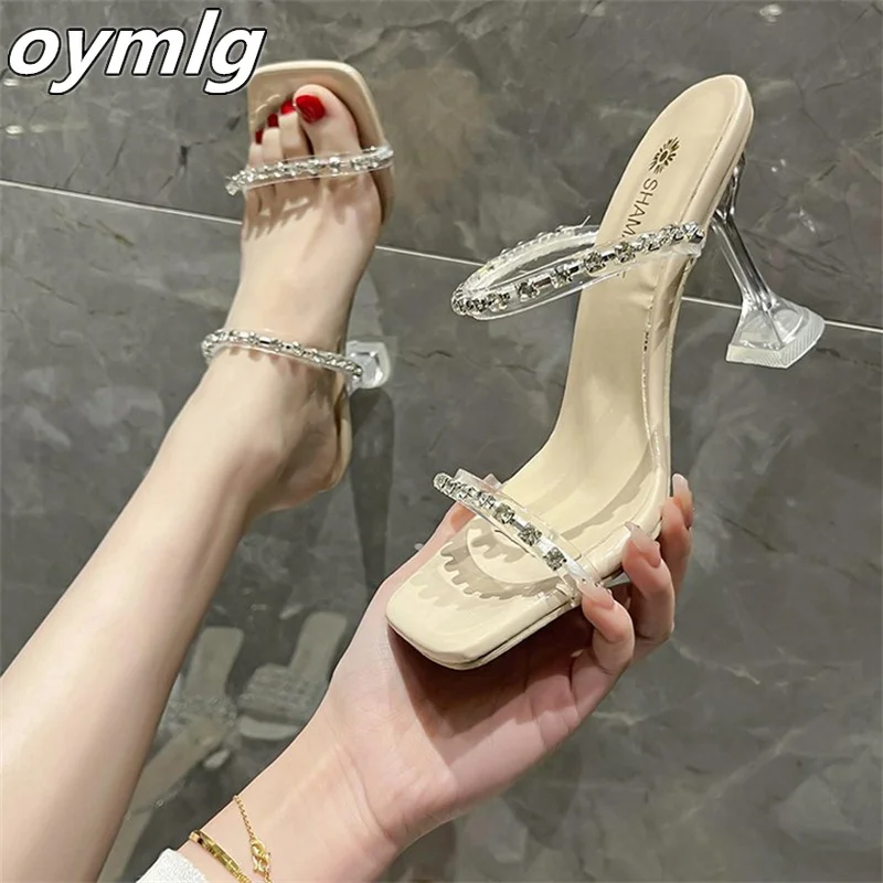 

Stiletto slippers women's fashion rhinestone one-word belt 2022 new summer fairy style square head high-heeled sandals slippers
