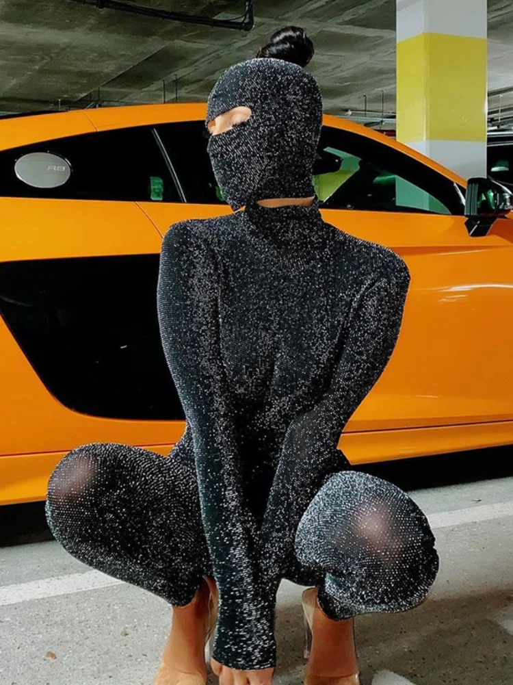 

Women Jumpsuit 2022 Autumn Winter Black Long Sleeve Backless Turtleneck Long Jumpsuits Party Club Streetwear Y2K Shiny Bodysuit