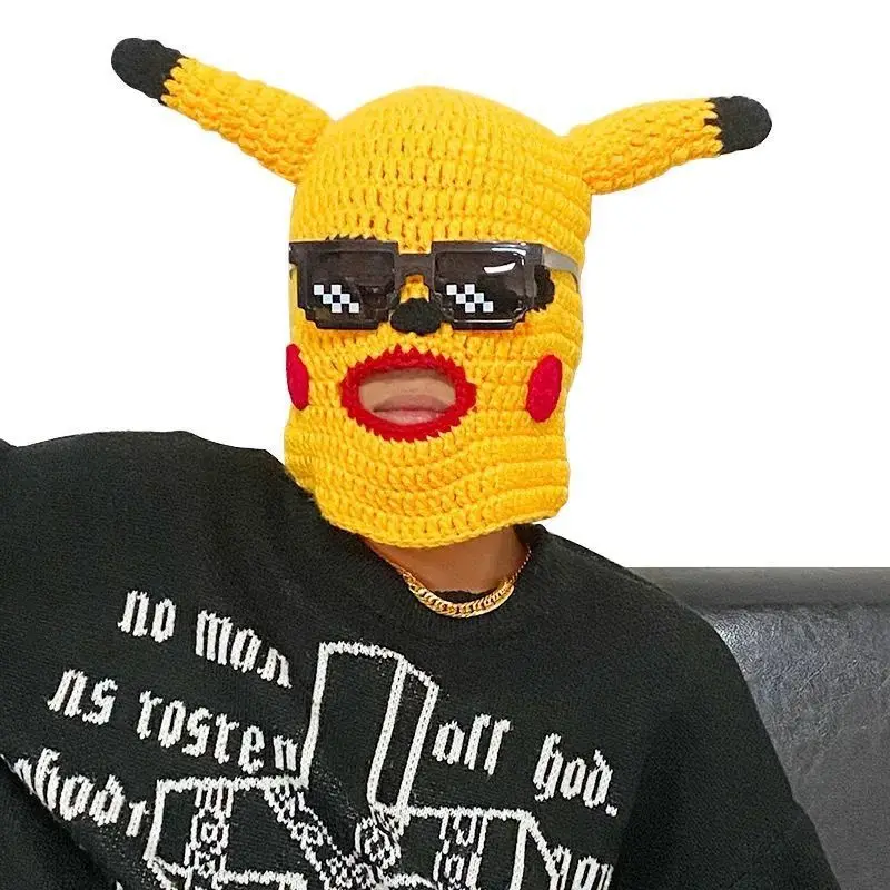 

[TAKARA TOMY] 2022 New Pokemon Go Pikachu Head Cover Funny Wool Knitted Cartoon Mask Dapeng Halloween Cosplay Hat A22092314