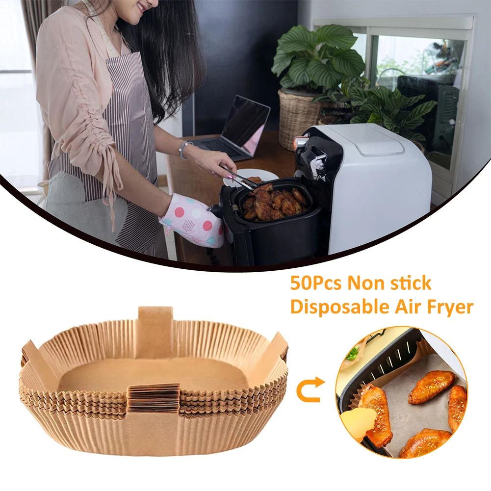 

50pcs Air Fryer Disposable Paper Liners Square Parchment Paper Waterproof Non-Stick Baking Paper for Air Fryer Microwave Oven