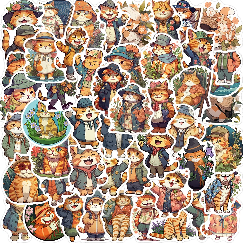 

50pcs Cartoon Flower Ginger Cat Stickers For Guitar Scrapbook Phone Stationery Scrapbooking Materiales Craft Supplies Sticker