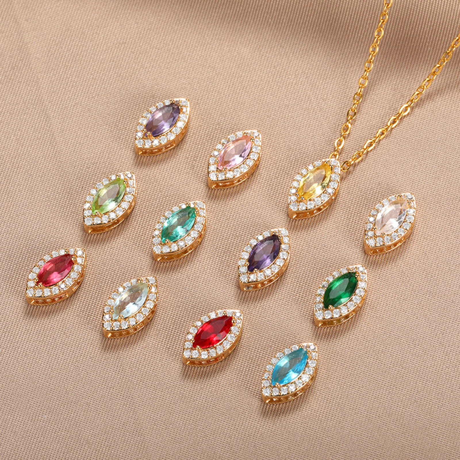 

304 Stainless Steel Rolo Chain Necklace Multicolor Rhinestone Drop Pendant Necklace Women Wedding Party Jewelry 38cm Long,1PC