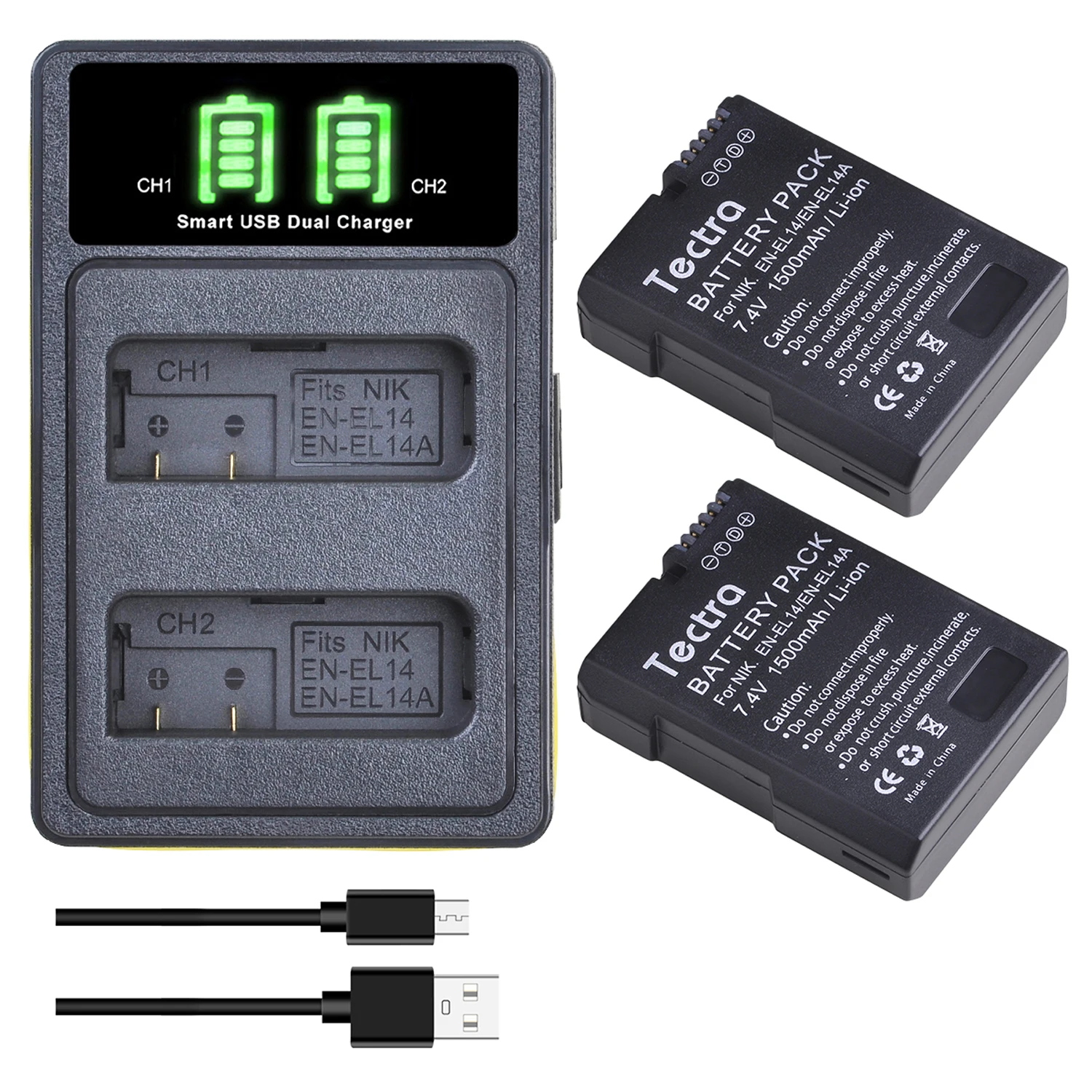 

1500mAh EN-EL14 EN-EL14A ENEL14 Battery for Nikon D3100 D3200 D3300 D3400 D3500 D5600 D5100 D5200 P7000 P7800&USB Dual Charger