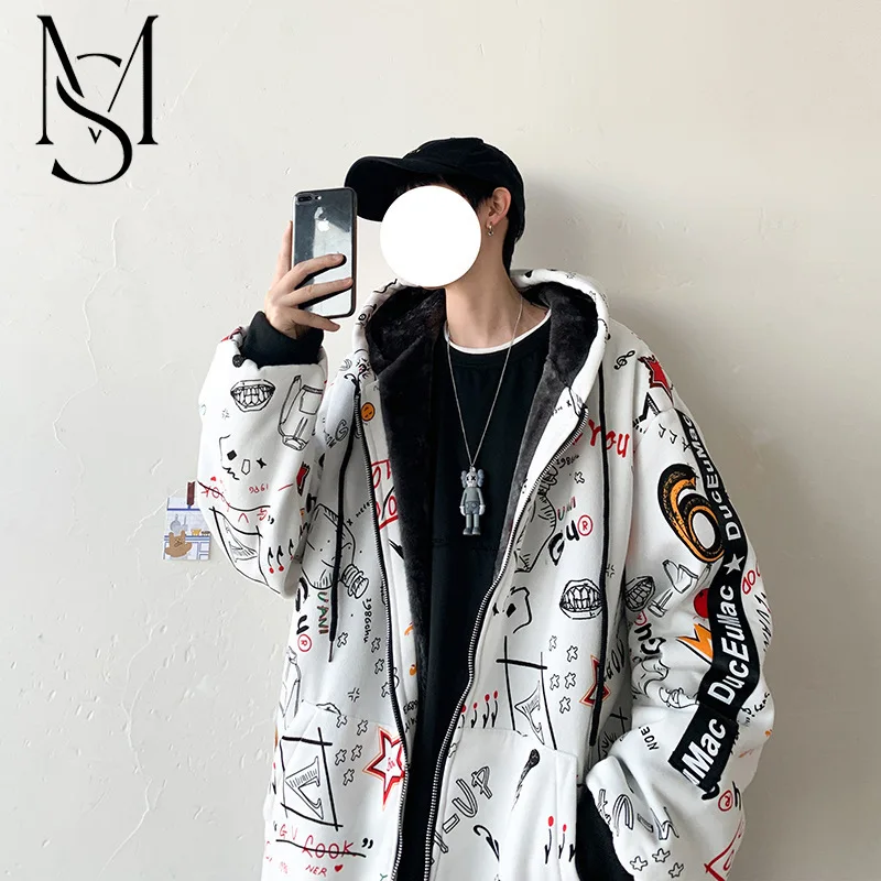 

Hong Kong style large size cotton clothes, boys handsome fashion brand graffiti hooded coat, Korean version loose casual winter