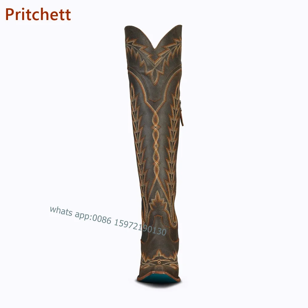 Женские ковбойские сапоги с принтом высокие до колена на квадратном каблуке