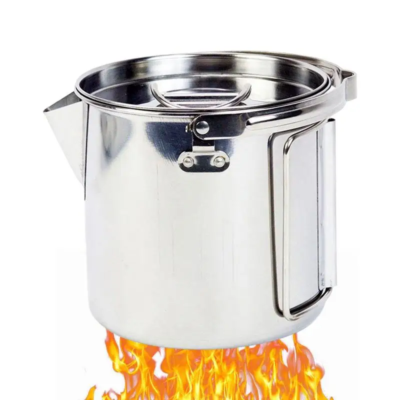

1.2L Stainless Steel Camping Pot Camping Soup Coffee Pot Foldable Handle Water Kettle With Cover Outdoor Tableware Equipment