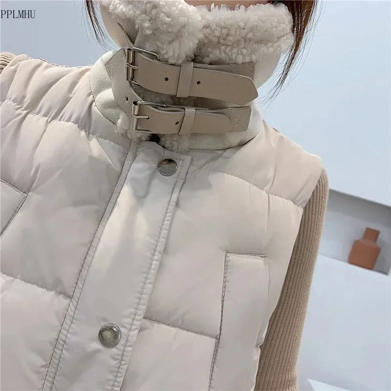 

Зимние Дизайнерские приталенные пальто без рукавов, Женская корейская мода, толстый пуховик из хлопка, уличная одежда, теплый жилет из овечьей шерсти с воротником